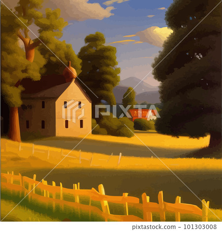 Wooden farmhouse with agricultural fields and garden. Vector cartoon Summer Wooden farmhouse with agricultural fields and garden. Vector cartoon Summer 101303008