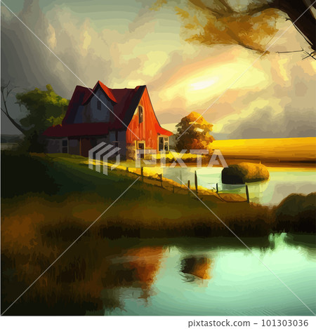 Summer rural scene with green agriculture fields, farmhouse and lake. Vector 101303036