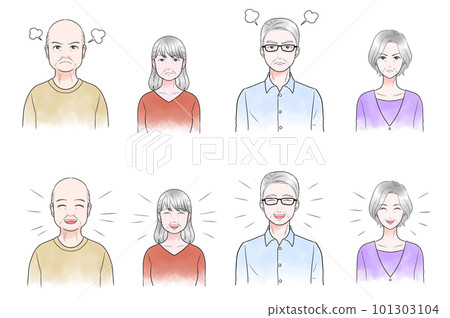 一組老年人憤怒和微笑的表情 一組老年人憤怒和微笑的表情 101303104