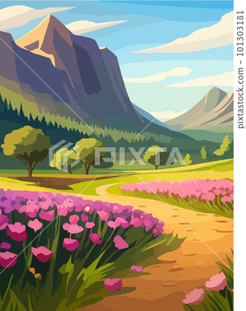 Spring nature and landscape. Vector illustration of mountains, flowers, plants, fields, vertical post background. Picture for background, postcard or cover Spring nature and landscape. Vector illustration of mountains, flowers, plants, fields, vertical post background. Picture for background, postcard or cover 101303181