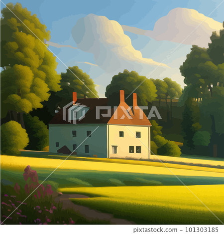 Wooden farmhouse with agricultural fields and garden. Vector cartoon Summer 101303185