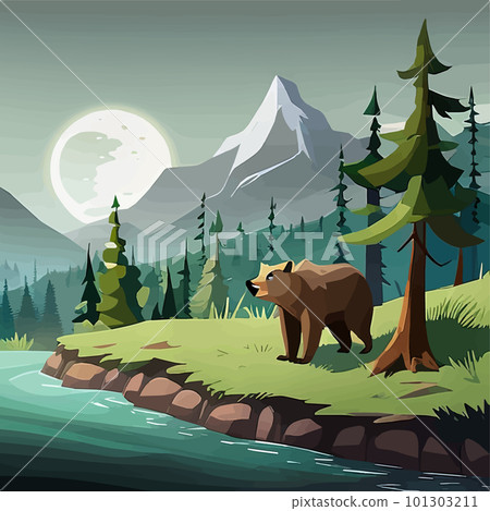 Grizzly Bear standing by river Vibrant Art for postcard or poster in Alaska 101303211