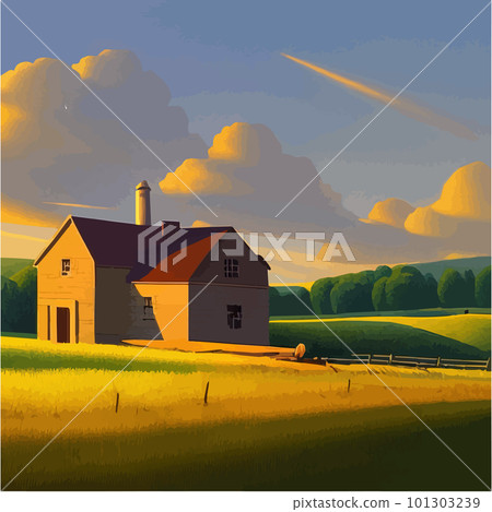 Wooden farmhouse with agricultural fields and garden. Vector cartoon Summer 101303239