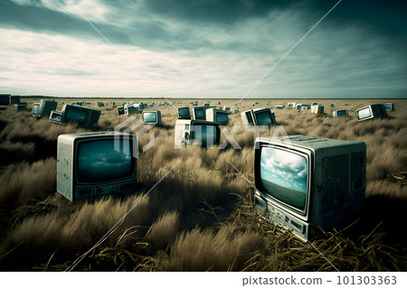 field covered with old analog tv sets at summer daylight, neural network generated art 101303363
