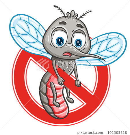 Anti mosquito bite, stop parasite insect sucking blood, garden pest control icon. Red prohibition sign. Cute malaria gnat bloodsucker flying character. Danger parasitic midge bug, insecticide. Vector 101303818