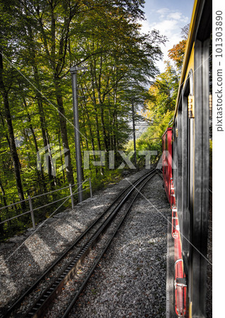 Cog railway train tracks in the Swiss Alps 101303890