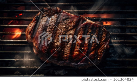 Juicy Steak on a wood fired grill - Grilliing Meat over open flame - made with Generative AI 101304024