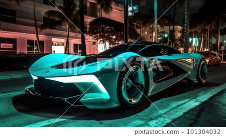 Colorful illustration of a futuristic sports car in Miami - made with generative AI 101304032