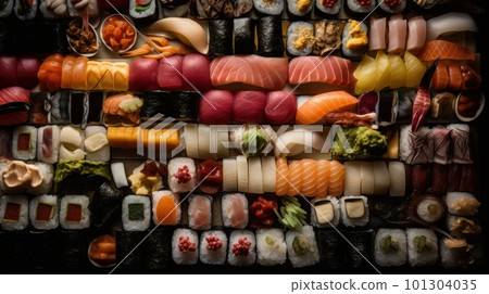 Big plate of fresh hand-made Sushi - made with Generative AI 101304035