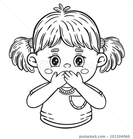 Surprised child girl close mouth with hand, stop talk, silence gesture line icon. Fear, shock or amazement emotion. Hiccup, nausea. Keep secret, quiet. Palm on face. Kid coloring book. Outline vector Surprised child girl close mouth with hand, stop talk, silence gesture line icon. Fear, shock or amazement emotion. Hiccup, nausea. Keep secret, quiet. Palm on face. Kid coloring book. Outline vector 101304066