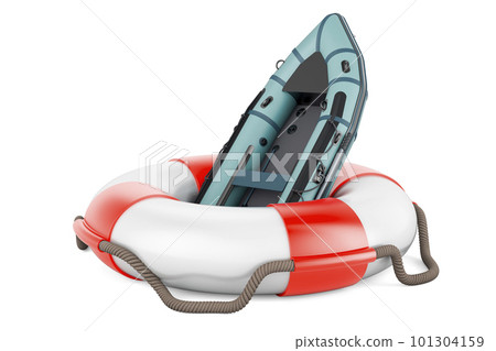 Inflatable boat inside lifebelt, 3D rendering 101304159