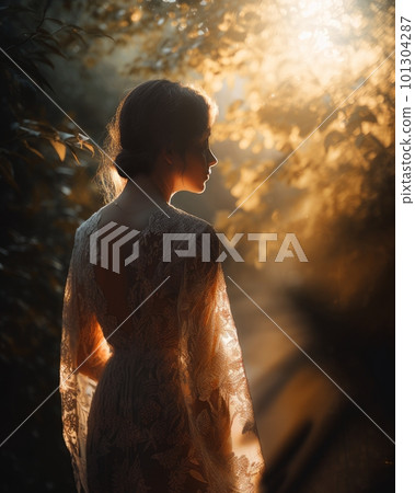 Beautiful picture of a woman in the nature on a sunny day - very poetic image - made with Generative 101304287