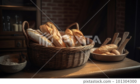 A basket of French baquette on a table - atmospheric rustic scene - made with Generative AI 101304300