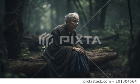Very old woman alone in the forest - made with Generative AI Very old woman alone in the forest - made with Generative AI 101304564