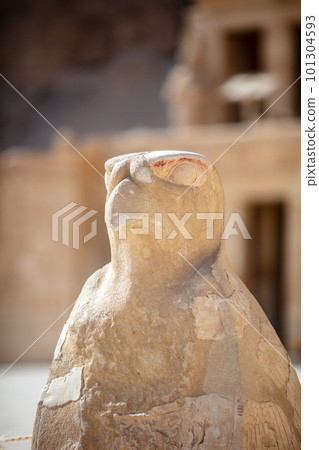 Egyptian eagle statue made of stone. View of Hatshepsut's temple. Mortuary temple of the pharaoh of the Hatshepsut dynasty. Jeser-Jeseru is a masterpiece of ancient Egyptian architecture. Egyptian eagle statue made of stone. View of Hatshepsut's temple. Mortuary temple of the pharaoh of the Hatshepsut dynasty. Jeser-Jeseru is a masterpiece of ancient Egyptian architecture. 101304593
