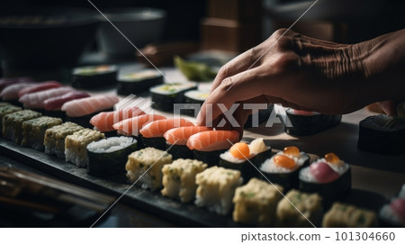 Preparing Sushi in a Japanese restaurant - made with Generative AI Preparing Sushi in a Japanese restaurant - made with Generative AI 101304660