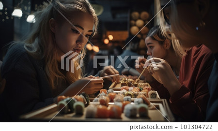 Young people eating sushi in a Japanese restaurant - made with Generative AI 101304722