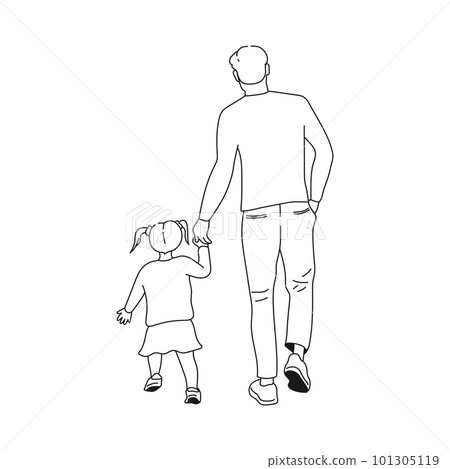 Father walking with a child hand in hand. Dad and daughter. Father's Day theme. Vector art 101305119