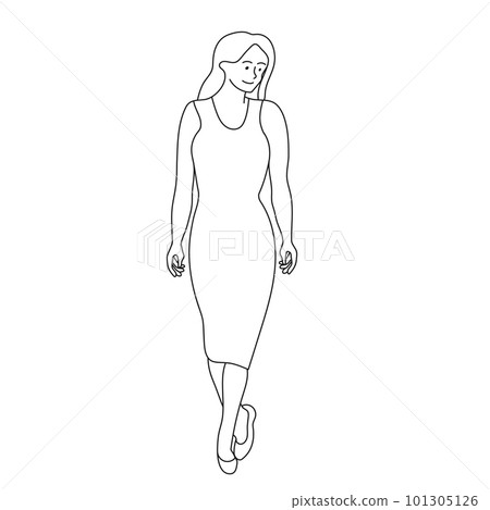 Cute woman in dress is walking with half turn head. Hand drawn line art of a female. Girl on a walk 101305126