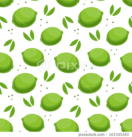 Seamless pattern, colorful limes and leaves on a white background. Fruit background, print, textile, vector 101305263