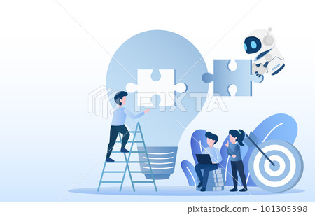 Human and AI robot teams work together to brainstorm and analyze ideas.  101305398