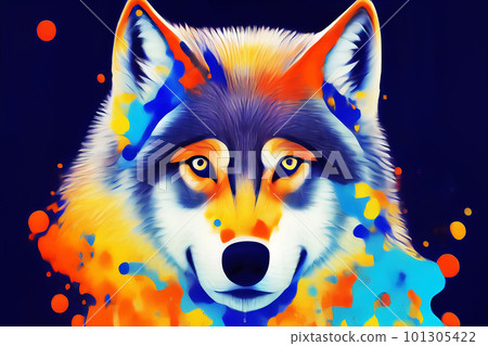 Colorful bright portrait of a wolf. Bright wolfs head. Expressive colorful print. AI-generated 101305422