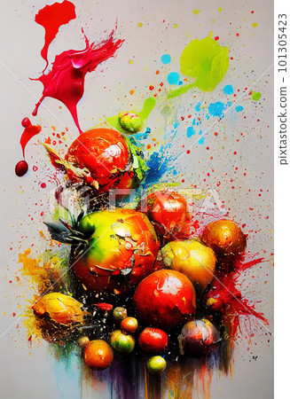 Dynamic picture with bright fruits. Bright painting with splashes of paint. Juicy fruits. AI-generated Dynamic picture with bright fruits. Bright painting with splashes of paint. Juicy fruits. AI-generated 101305423