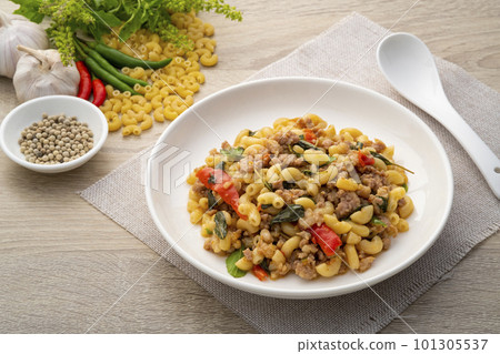 Stir-Fried Minced pork and Basil with elbow macaroni,Pad Kra Pao,Thai fusion food 101305537