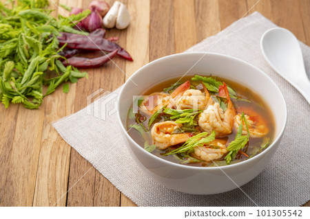 Thai sour curry soup Young Tamarind Leaves with shrimp Thai sour curry soup Young Tamarind Leaves with shrimp 101305542