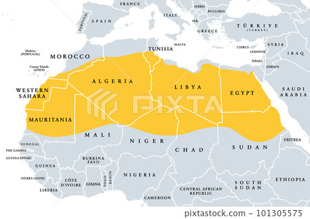 The Sahara, desert on African continent, political map. Largest hot desert in the world,  making up most of North Africa, located between the fertile regions on Mediterranean Sea coast, and the Sahel. 101305575