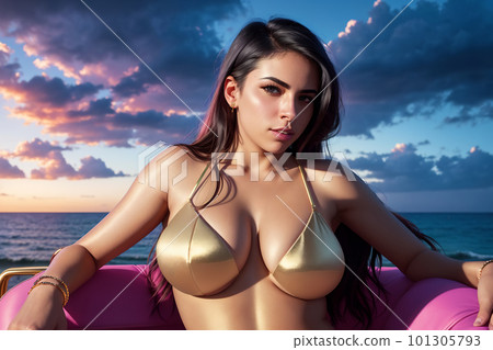 A stunning young woman lounges on a beach chair beneath an umbrella, with the breathtaking sunset as a backdrop. Purely AI generated image without any reference to real individuals. 101305793