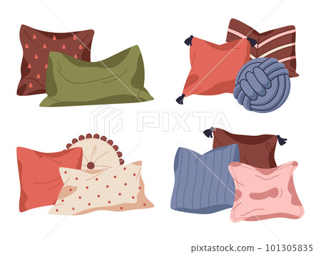 Home decor pillows. Textile interior pillows, feathered cozy sofa cushions, decorative soft pillows flat vector illustration set 101305835