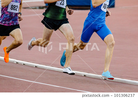 three runners athletes on middle distance running together in track stadium, summer athletics championship 101306237