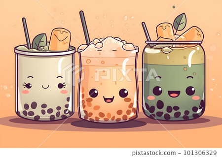 Cute kawaii bubble tea drinks cartoon characters 101306329