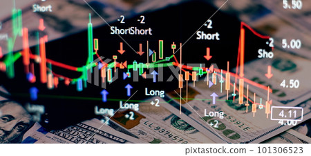 Technical price graph and indicator, red and green candlestick chart on blue theme screen, market volatility, up and down trend. Technical price graph and indicator, red and green candlestick chart on blue theme screen, market volatility, up and down trend. 101306523