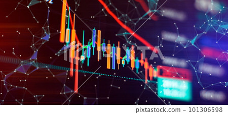 Technical price graph and indicator, red and green candlestick chart on blue theme screen, market volatility, up and down trend. 101306598