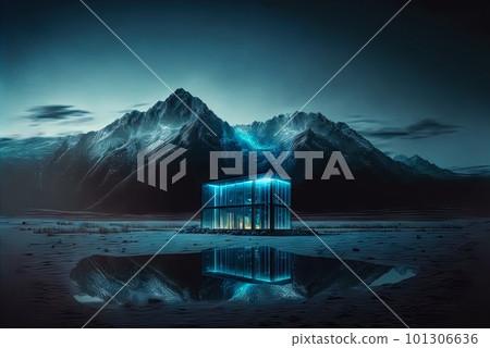 Glass architecture in the mountain landscape. Architectural abstraction combined with nature. Generated AI. Glass architecture in the mountain landscape. Architectural abstraction combined with nature. Generated AI. 101306636