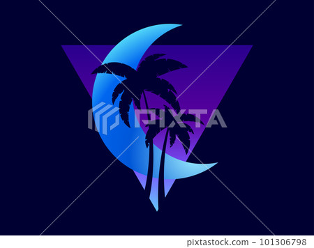 Gradient crescent with palm trees in a futuristic 80s style. Banner with moon and palm trees in synthwave style. Design for advertising brochures, banners and posters. Vector illustration Gradient crescent with palm trees in a futuristic 80s style. Banner with moon and palm trees in synthwave style. Design for advertising brochures, banners and posters. Vector illustration 101306798