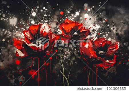 Red poppies as a symbol of memory for the fallen in the war. VE-Day, World War remembrance day. Generative AI illustration, oil painting imitation 101306885