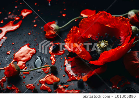 Red poppy as a symbol of memory for the fallen in the war. VE-Day, World War remembrance day. Generative AI illustration 101306890