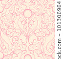 Sophisticated elegant seamless pattern in monochrome color scheme looks like brocade, damask, and swirls, royal and luxurious design for background, wallpaper, card design, wedding bridal decor 101306964