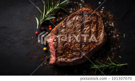 Steak on a dark wooden base with spices. Ai generated illustration 101307070