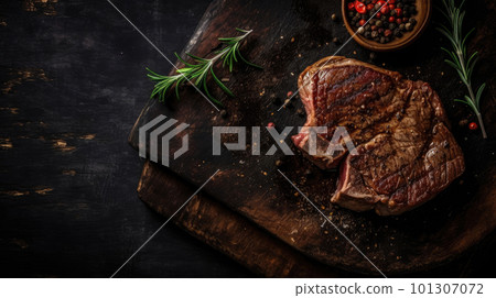Steak on a dark wooden base with spices. Ai generated illustration 101307072