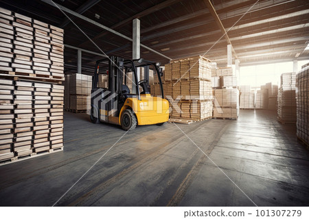Forklift for loading pallets with packages in warehouse interior. Commercial distribution warehouse with shelves and boxes. Created with Generative AI 101307279
