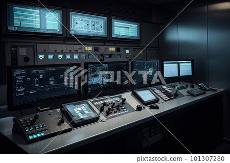 Central control panel. Operator workplace with a lot of screens and buttons for monitoring technology process at production line. Created with Generative AI 101307280