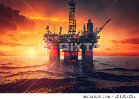 Offshore drilling rig at sea. Platform for oil production. Oil and gas industry. Created with Generative AI 101307292