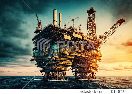Offshore drilling rig at sea. Platform for oil production. Oil and gas industry. Created with Generative AI Offshore drilling rig at sea. Platform for oil production. Oil and gas industry. Created with Generative AI 101307293