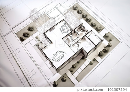 Architectural plan on white paper. Technical project of living room. Drawing for construction. Created with Generative AI Architectural plan on white paper. Technical project of living room. Drawing for construction. Created with Generative AI 101307294