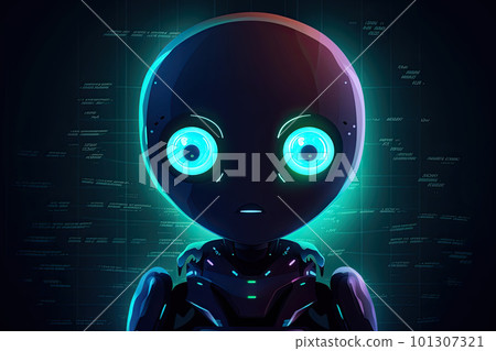 Visualization of robot assistant or chat bot on web site. Cute robot with big eyes on dark background. Created with Generative AI 101307321