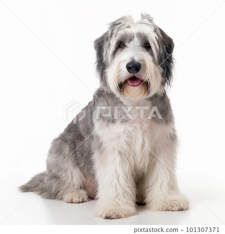 Cute white fluffy dog breed bobtail portrait close-up, isolated on white, unusual pet, ai generative 101307371